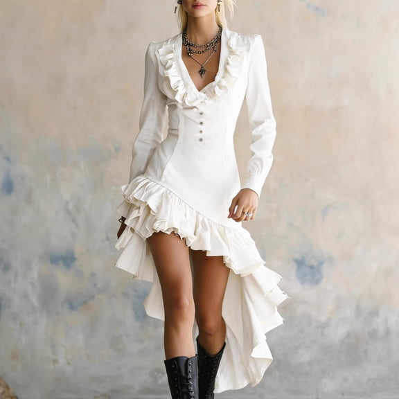 Maqroz Womens V Neck Long Sleeve Dress Ruffle Hem Hi Low Loose Fit Flowy Midi Sundress White XXL