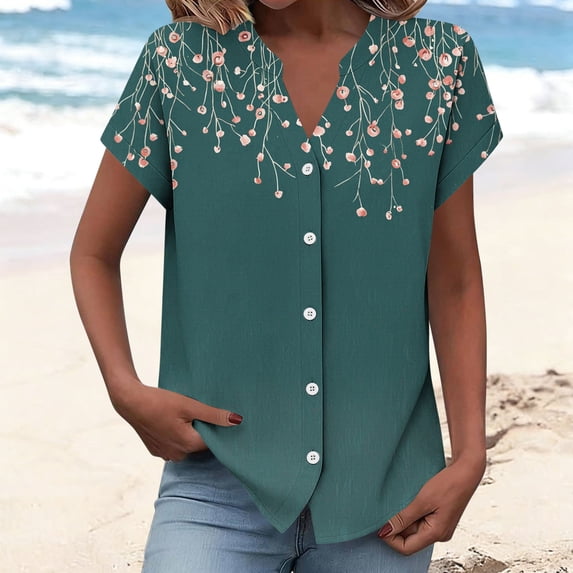Maqroz Womens V Neck T Shirts Trendy Short Sleeve Button Down Loose Fit Floral Printed Summer Vacation Hawaii Tops Casual Blouses 2026 Green XL