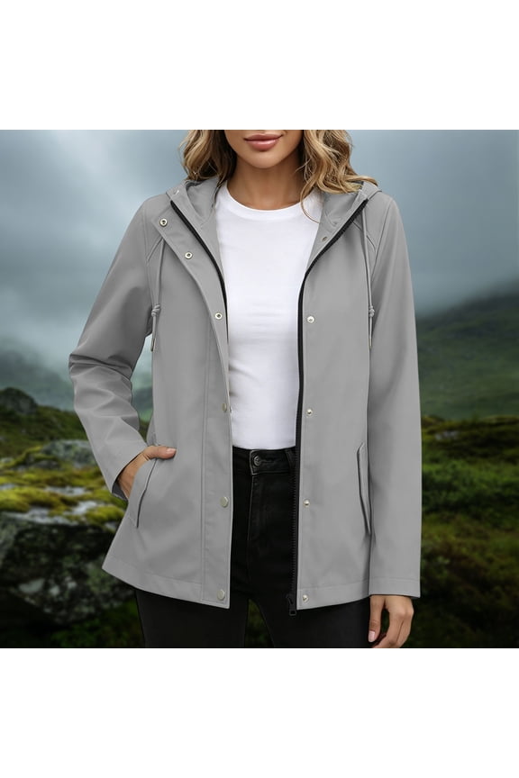 Womens Waterproof Jacket Classic Raincoat Snap Button Placket Hidden Zipper Hooded Windproof Outerwear Slanted Hand Pockets Everyday Commute Walking Travel Apparel