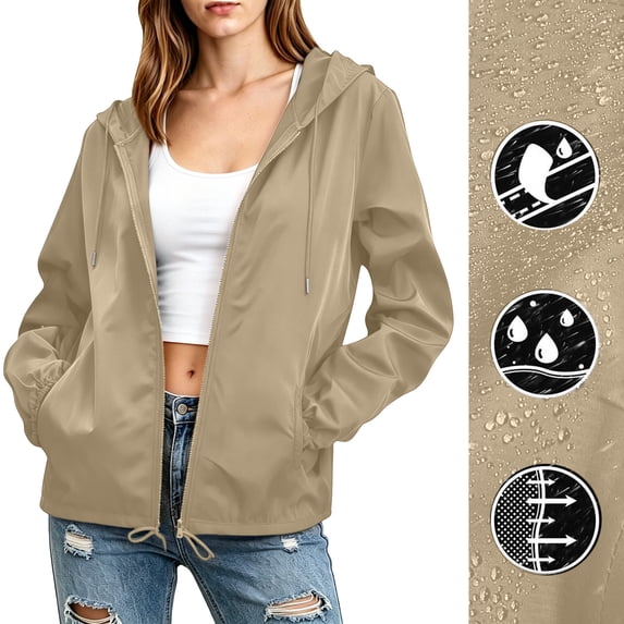 Maqroz Womens Windbreaker Lightweight Water Resistant Jacket Breathable Activewear with Adjustable Drawstring Hem Full Zip Hooded Coat for Running Cycling Camping Sports