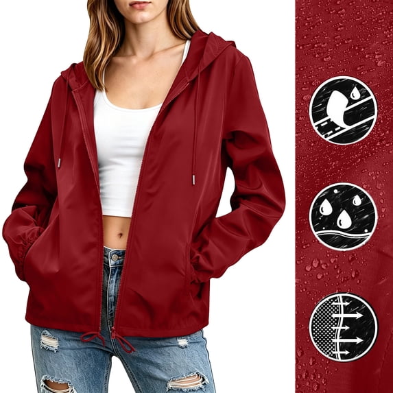 Maqroz Womens Windbreaker Lightweight Water Resistant Jacket Breathable Activewear with Adjustable Drawstring Hem Full Zip Hooded Coat for Running Cycling Camping Sports
