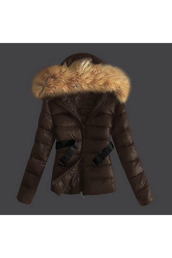 Womens Winter Coats Padded Puffer Jacket with Removable Faux Fur Hood Fleece Lining Thick Warm Quilted Jacket Full Zip Up Long Sleeve Cold Weather Jackets Outerwear with Pockets, Brown XL