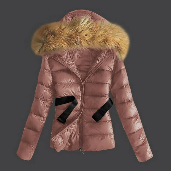 Maqroz Womens Winter Coats Padded Puffer Jacket with Removable Faux Fur Hood Fleece Lining Thick Warm Quilted Jacket Full Zip Up Long Sleeve Cold Weather Jackets Outerwear with Pockets, Pink XL