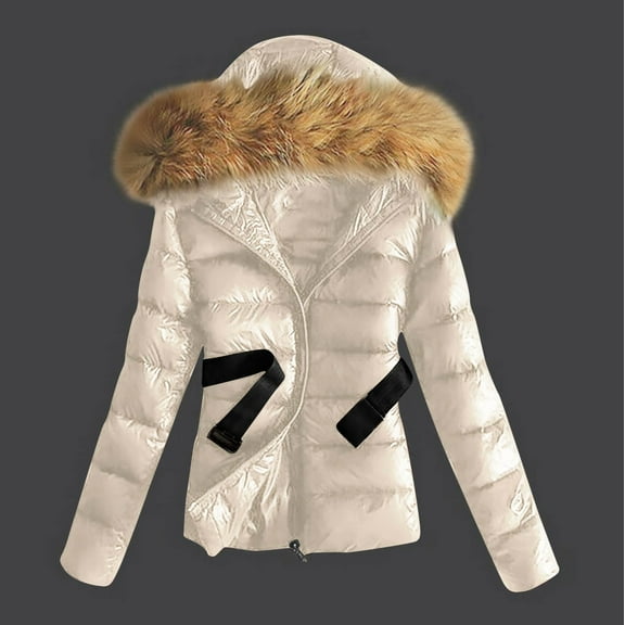 Maqroz Womens Winter Coats Padded Puffer Jacket with Removable Faux Fur Hood Fleece Lining Thick Warm Quilted Jacket Full Zip Up Long Sleeve Cold Weather Jackets Outerwear with Pockets, White S