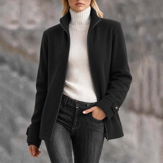 Maqroz Womens Winter Coats Polar Fleece Jacket Long Sleeve Zip Up Stand Collar Warm Outerwear with Pockets Black,XL