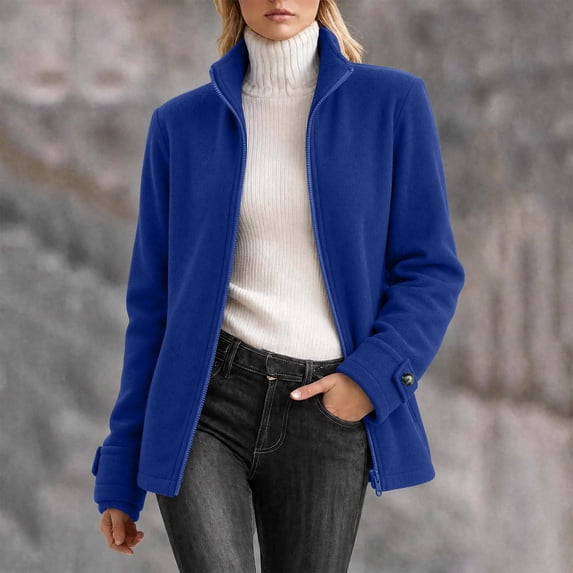 Maqroz Womens Winter Coats Polar Fleece Jacket Long Sleeve Zip Up Stand Collar Warm Outerwear with Pockets Dark Blue,XXL