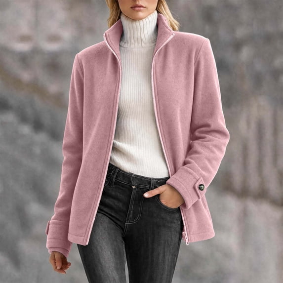 Maqroz Womens Winter Coats Polar Fleece Jacket Long Sleeve Zip Up Stand Collar Warm Outerwear with Pockets Pink,M