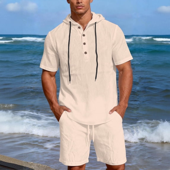 Maqroz Workout Sets for Men 2-Piece Hooded Quarter Button Shirt Top with Casual Drawstring Shorts Short Sleeve Casual Lightweight Everyday Wear Solid Color Coordinated Outfit