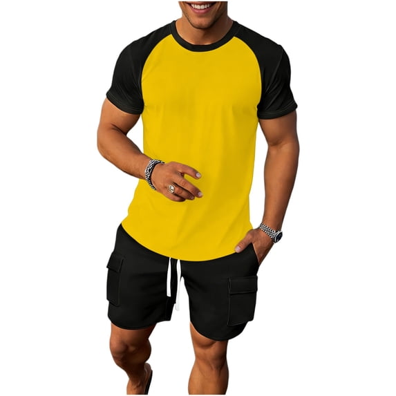 Maqroz Workout Sets for Men Summer 2-Piece Color Block Tracksuit Set Short Sleeve Athletic Tee and Shorts Sportswear Casual Running Jogging Training Outfit Breathable Quick Dry Active Wear