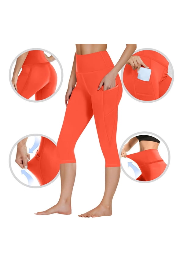 Leggings for Women Plus Size with Pockets Tummy Control Elastic High Waist Capri Yoga Compression Leggings Casual Summer Stretch Workout Gym Crop Pants Comfy Tights