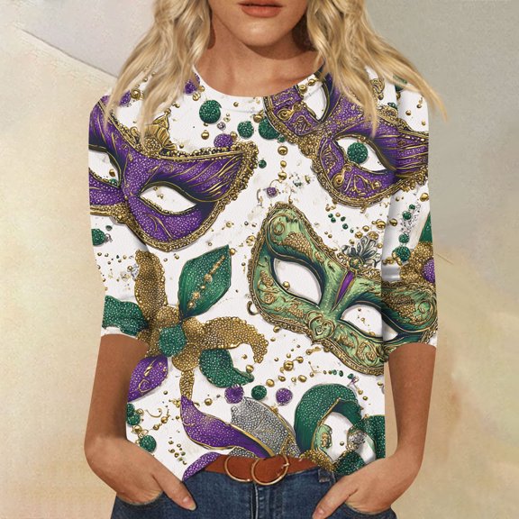 Mar-di Gras Shirts for Women 3/4 Length Sleeve Round Neck Bling Glitter Sequin Printed Graphic Tees Tunic Blouses Carnival Party Tops 2026