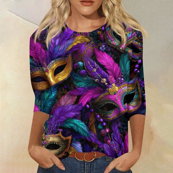 Mar-di Gras Shirts for Women 3/4 Sleeve Mask Graphic Blouse Carnival Themed Tees Party 3d Print Tops Funny Gifts Tshirt for Women