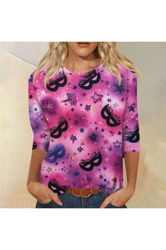 Mar-di Gras Shirts for Women 3/4 Sleeve Mask Graphic Tee Blouse Carnival Themed Party Pullover Crew Neck Tops Funny Party Holiday Shirts