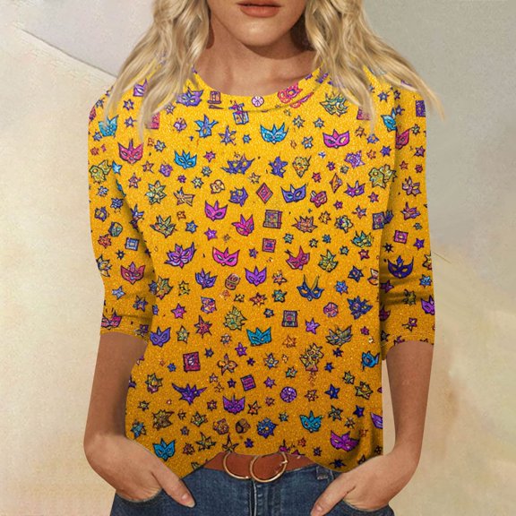 Mar-di Gras Shirts for Women 3/4 Sleeve Mask Graphic Tee Blouse Carnival Themed Party Pullover Crew Neck Tops Funny Party Holiday Shirts