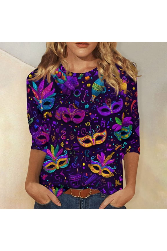 Mar-di Gras Shirts for Women 3/4 Sleeve Mask Graphic Tee Blouse Party Pullover Crew Neck Tops Trendy Carnival Themed T-Shirts