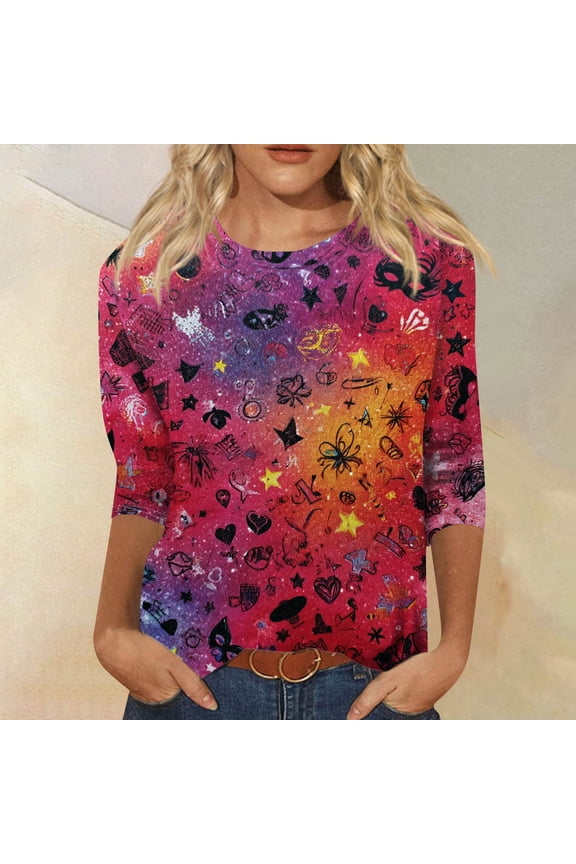 Mar-di Gras Tops T-Shirt Blouse for Womens 3/4 Length Sleeve Round Neck Bling Glitter Sequin Mask Printed Graphic Tees Trendy Carnival Themed T-Shirts