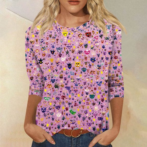 Mar-di Gras Tops T-Shirt Blouse for Womens 3/4 Length Sleeve Round Neck Bling Glitter Sequin Mask Printed Graphic Tees Trendy Carnival Themed T-Shirts