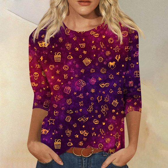 Mar-di Gras Tops T-Shirt Blouse for Womens 3/4 Sleeve Mask Graphic Tee Blouse Carnival Themed Party Pullover Crew Neck Tops Funny Gifts Tshirt for Women