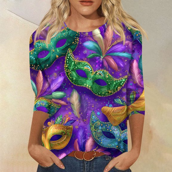 Mar-di Gras Tops T-Shirt Blouse for Womens 3/4 Sleeve Tunic Tops Crew Neck Pullover Glitter Mask Print Graphic Tees Holiday Festival Top Loose Fit Tops 2026