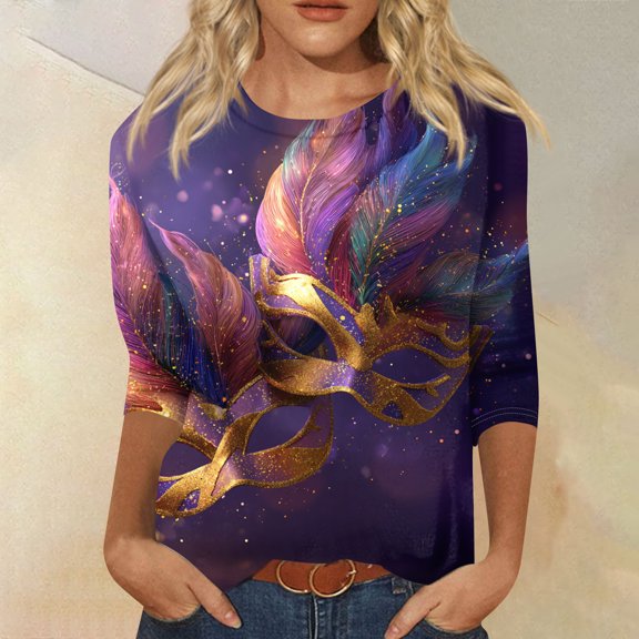 Mar-di Gras Tops T-Shirt Blouse for Womens 3/4 Sleeve Mask Graphic Tee Blouse Carnival Themed Party Pullover Crew Neck Tops Funny Gifts Parade Tshirt
