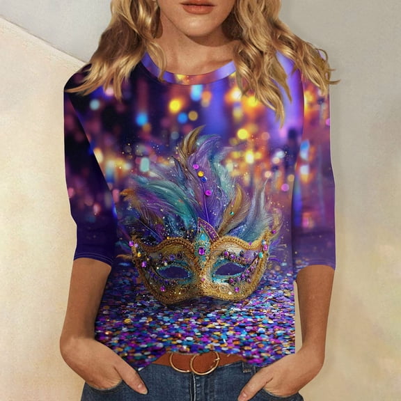 Mar-di Gras Tops T-Shirt Blouse for Womens 3/4 Sleeve Tunic Tops Crew Neck Pullover Glitter Mask Print Graphic Tees Party Blouses Holiday Tee