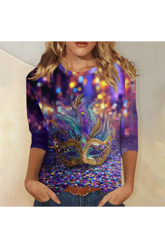 Mar-di Gras Tops T-Shirt Blouse for Womens 3/4 Sleeve Tunic Tops Crew Neck Pullover Glitter Mask Print Graphic Tees Party Blouses Holiday Tee
