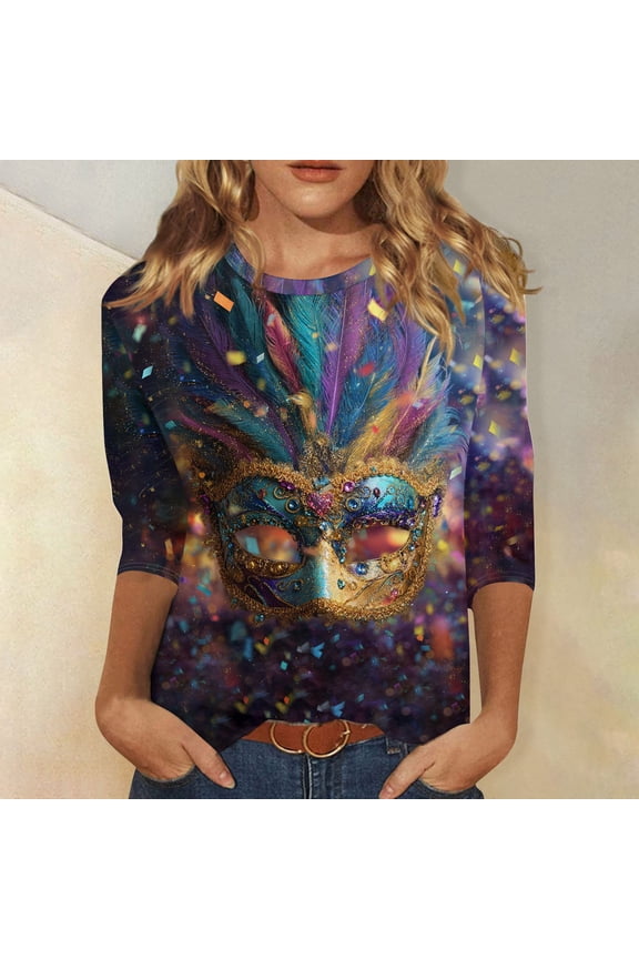 Mar-di Gras Tops T-Shirt Blouse for Womens 3/4 Sleeve Tunic Tops Crew Neck Pullover Glitter Mask Print Graphic Tees Trendy Carnival Themed T-Shirts