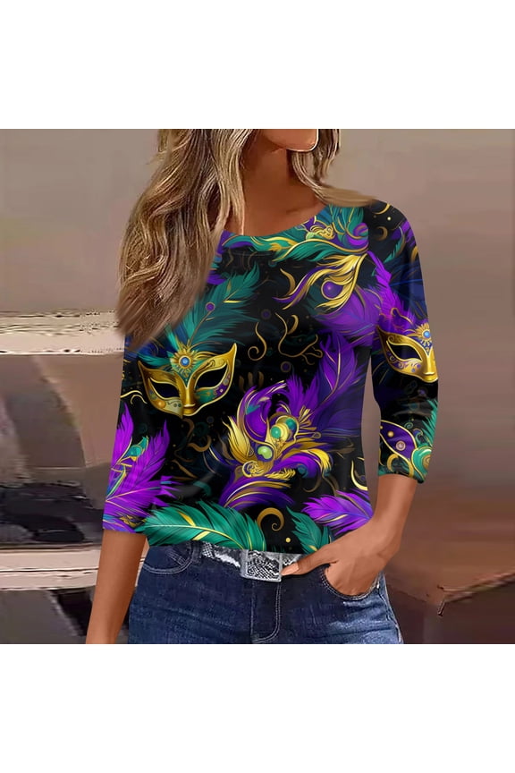 Mar-di Gras Tops T-Shirt Blouse for Womens 3/4 Sleeves Round Neck Mar-di Gras Feather Printed Casual T-Shirt Holiday Festival Top Loose Fit Tops 2026