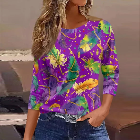Mar-di Gras Tops T-Shirt Blouse for Womens 3/4 Sleeves Round Neck Mar-di Gras Feather Printed Casual T-Shirt Holiday Festival Top Loose Fit Tops 2026