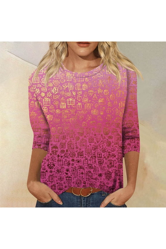 Mar-di Gras Tops T-Shirt Blouse for Womens 3/4 Sleeves Round Neck Mar-di Gras Glitter Printed Casual T-Shirt Trendy Carnival Themed T-Shirts