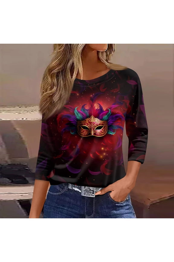 Mar-di Gras Tops T-shirt Blouse for Womens,Womens 3/4 Sleeves Round Neck Mar-di Gras Printed Casual T-shirt