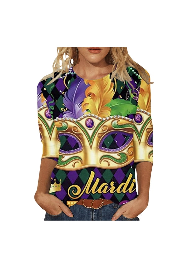 Mar-di Grass Shirts for Women 3/4 Sleeve Mask Graphic Blouse Carnival Themed Tees New Orleans Party Tops Mar-di Grass Outfit
