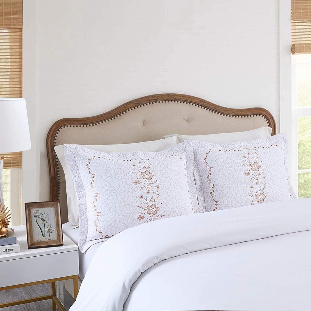 White and Gold Embroidered Standard Polyester Pillow Shams