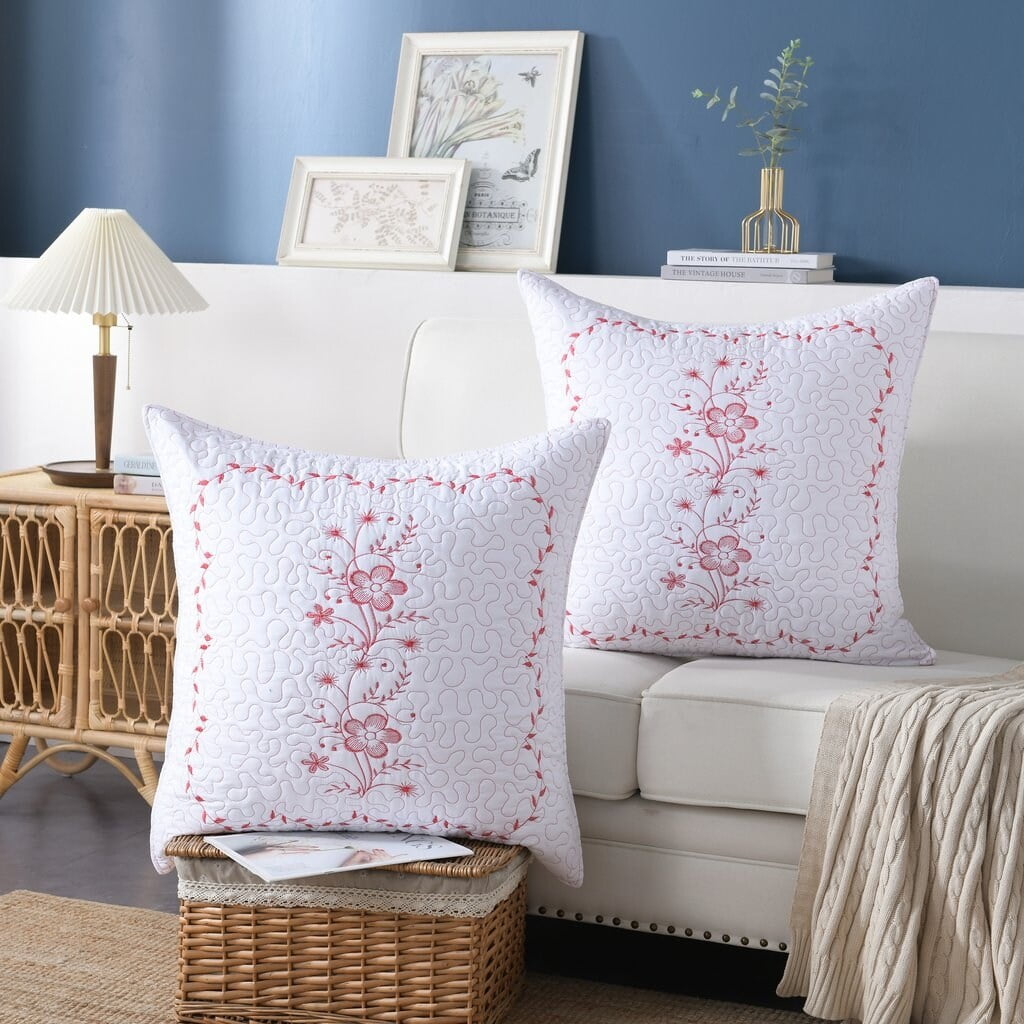 White and Red Embroidered Euro Pillow Shams Set of 2