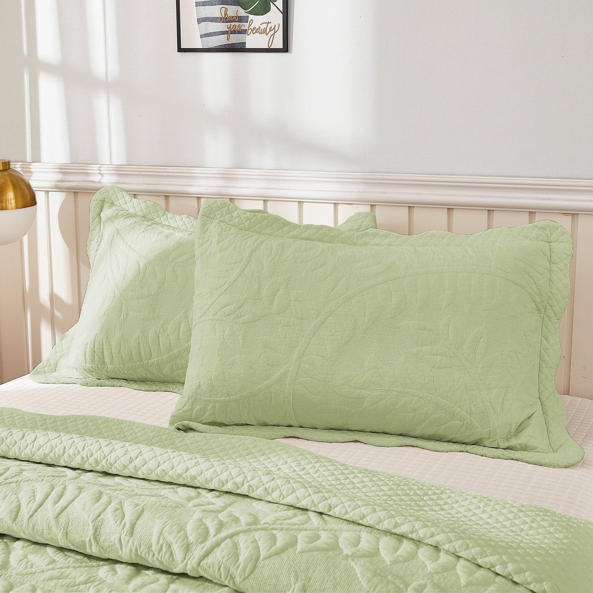 Pistachio Green Cotton Quilted Embroidered Standard Shams - 2 Piece