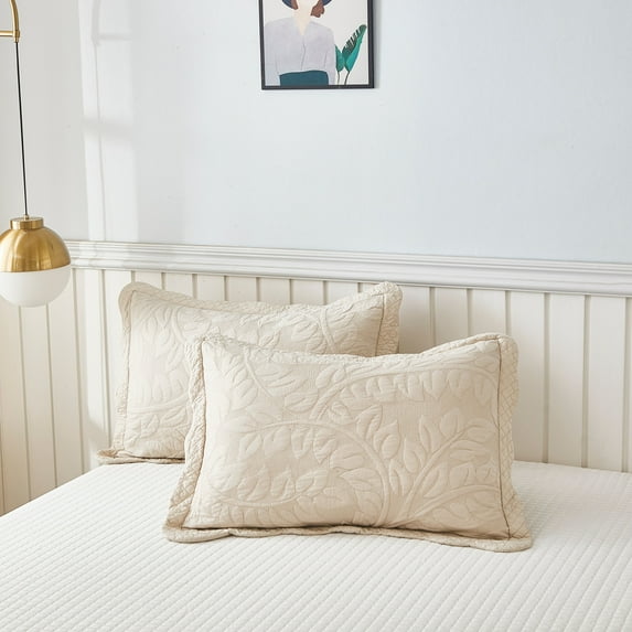 MarCielo 2-Piece 100% Cotton Embroidered Quilted Pillow Shams Natural Beige - King