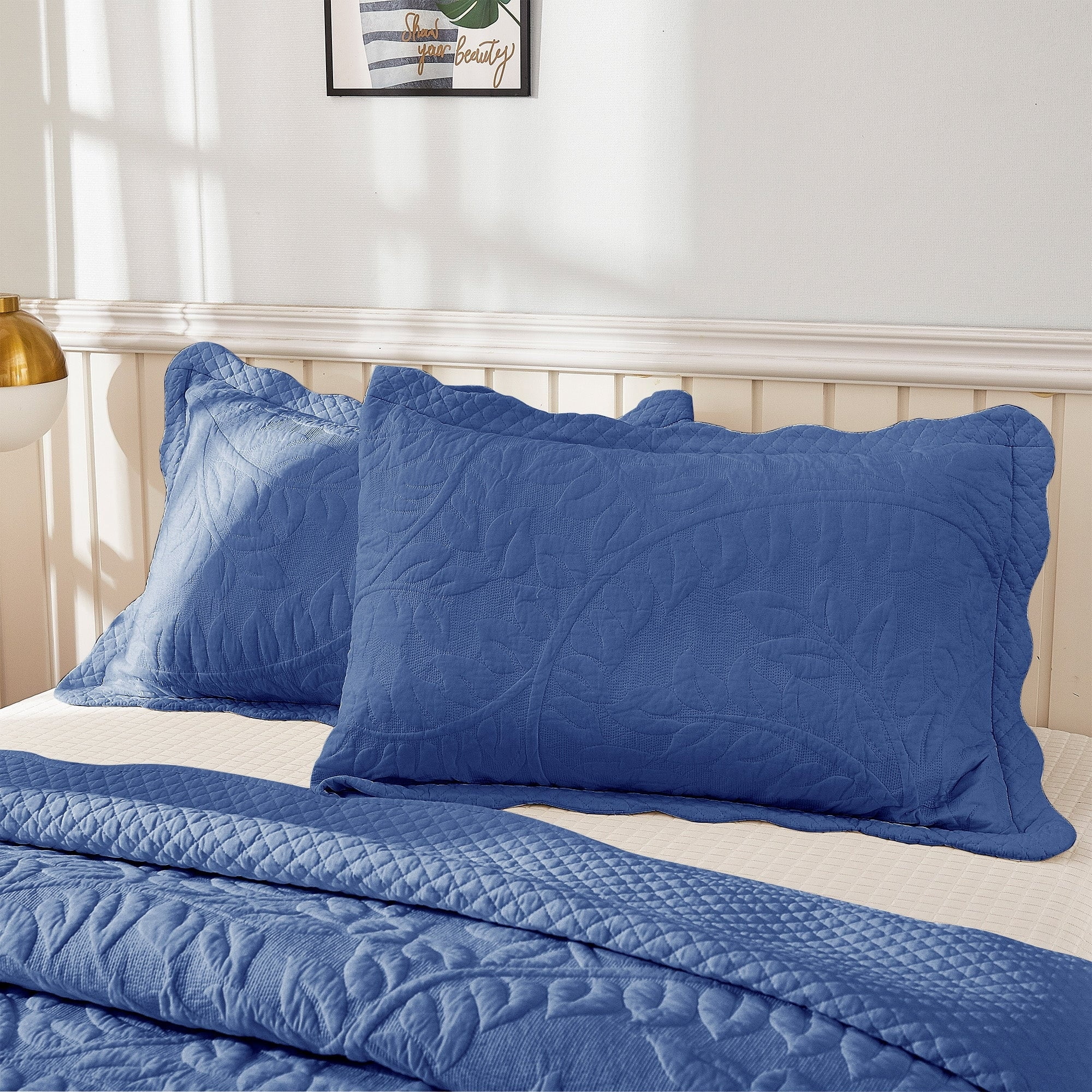 Navy Cotton Embroidered Standard Quilted Pillow Shams