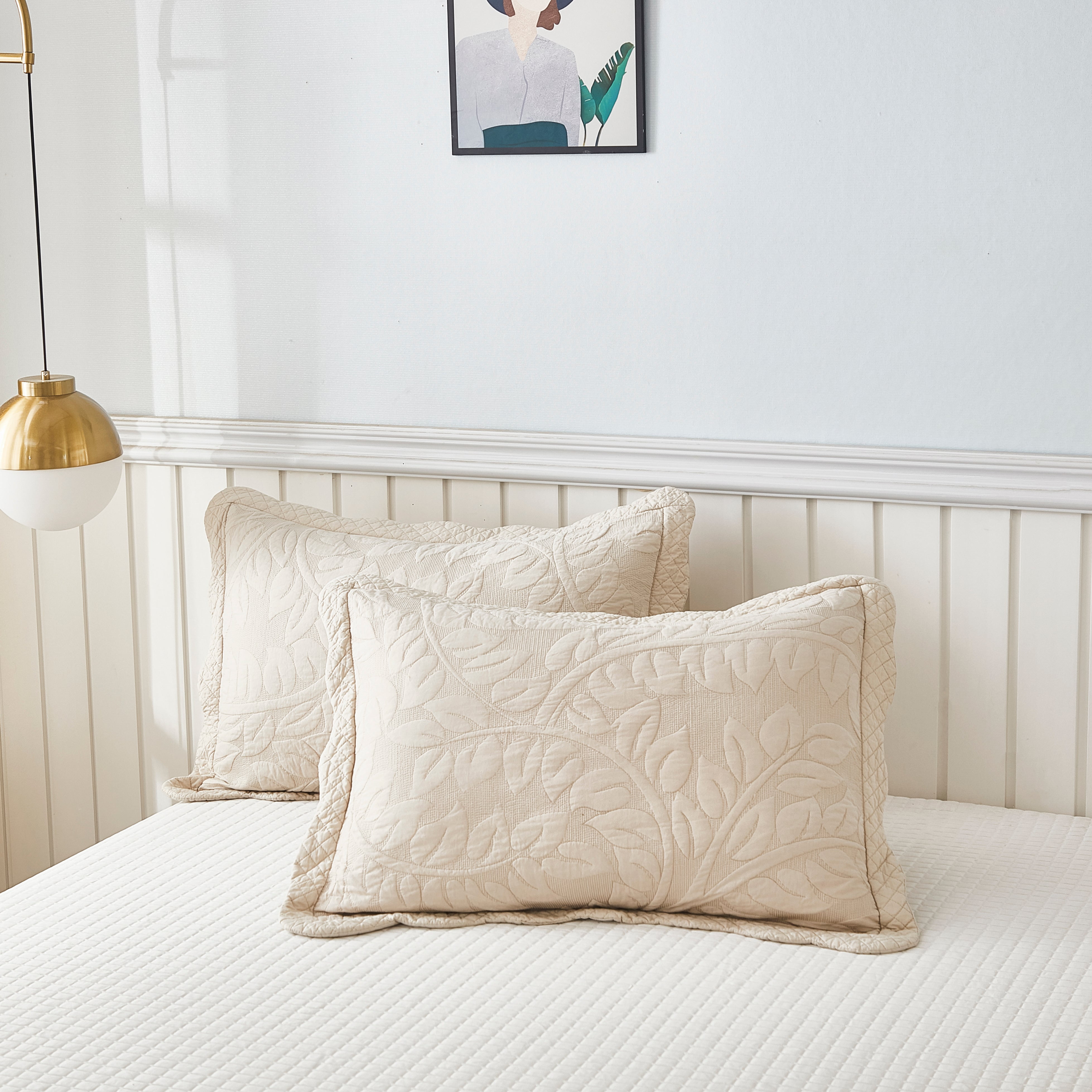 Natural Beige Embroidered Cotton Standard Pillow Shams