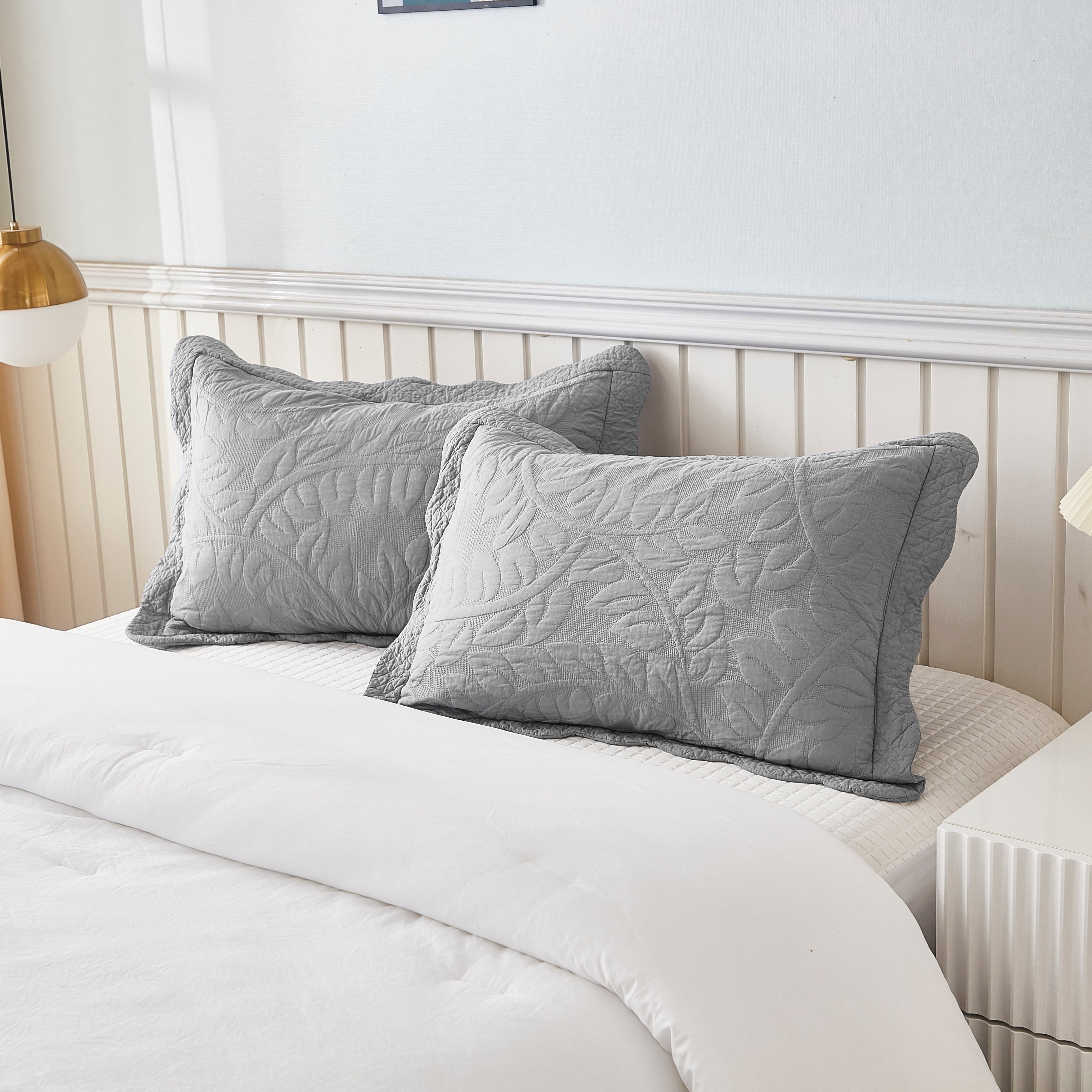 Gray Embroidered Cotton Quilted Standard Pillow Shams, 2-Piece Set