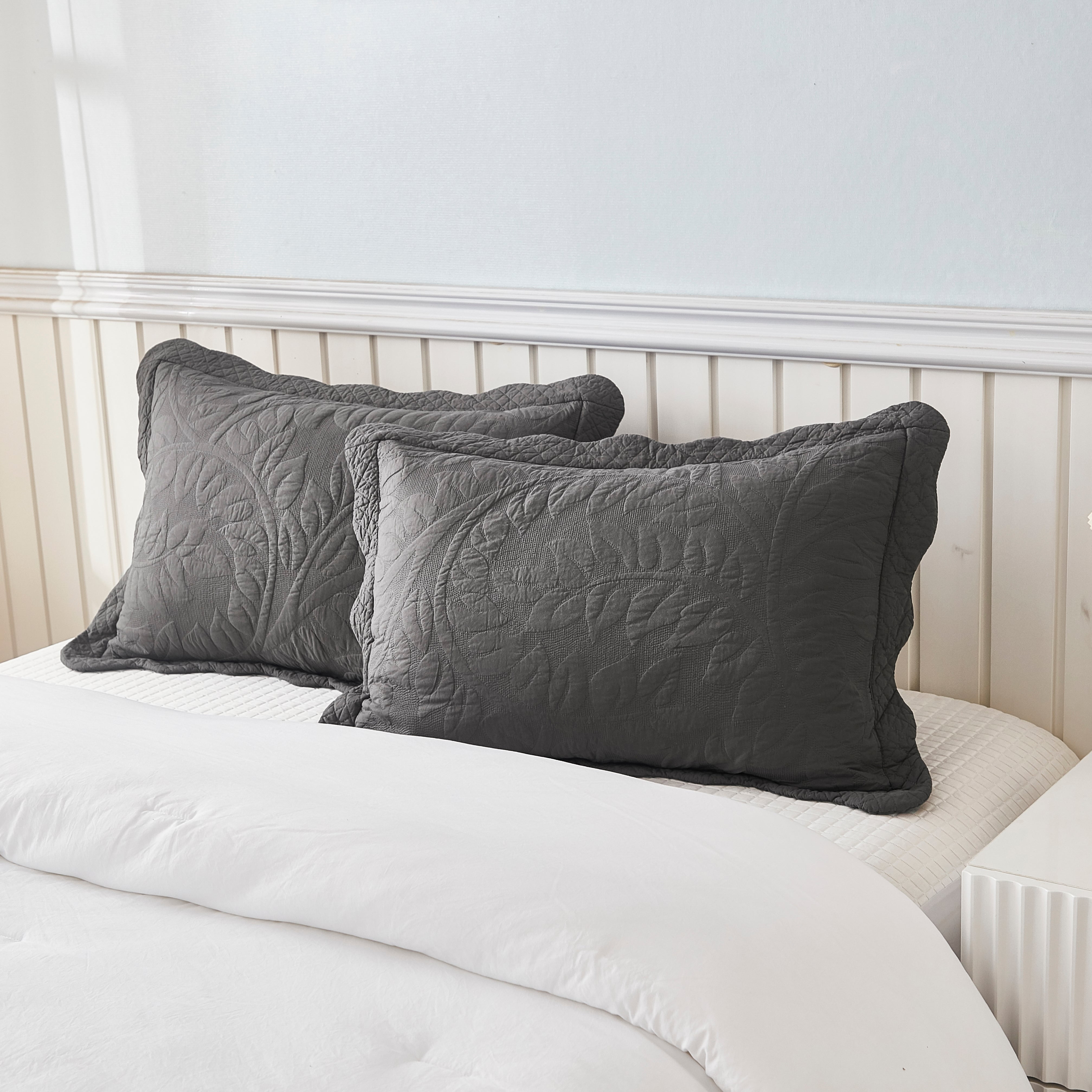 Heather Grey Embroidered Cotton Standard Pillow Sham Set