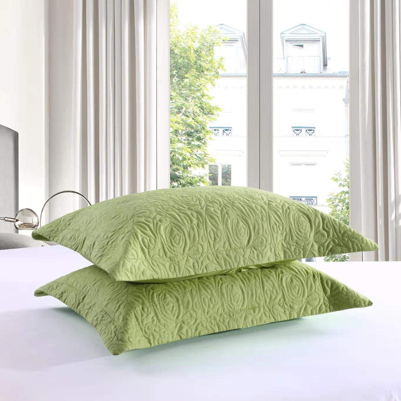 MarCielo 2 Piece Embroidered Pillow Shams Decorative Microfiber Pillow Shams Set Standard Size Queen Size Green