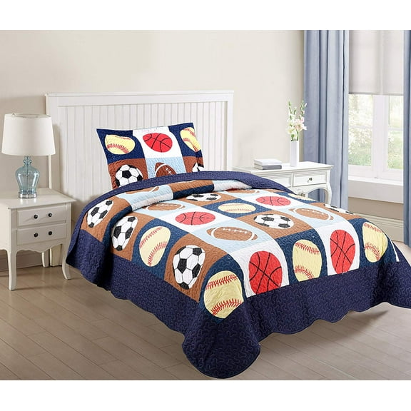 MarCielo 2 Piece Kids Bedspread Quilts Set Throw Blanket for Teens Boys Bed Printed Bedding Coverlet, Twin Size, Blue Basketball Football Sports, American Football (Twin)
