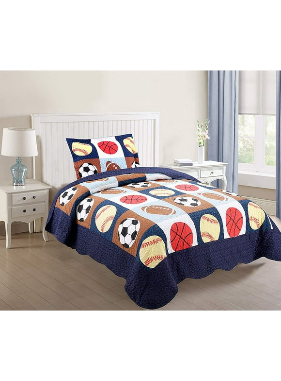 MarCielo 2 Piece Kids Bedspread Quilts Set Throw Blanket for Teens Boys Bed Printed Bedding Coverlet, Twin Size, Blue Basketball Football Sports, American Football (Twin)