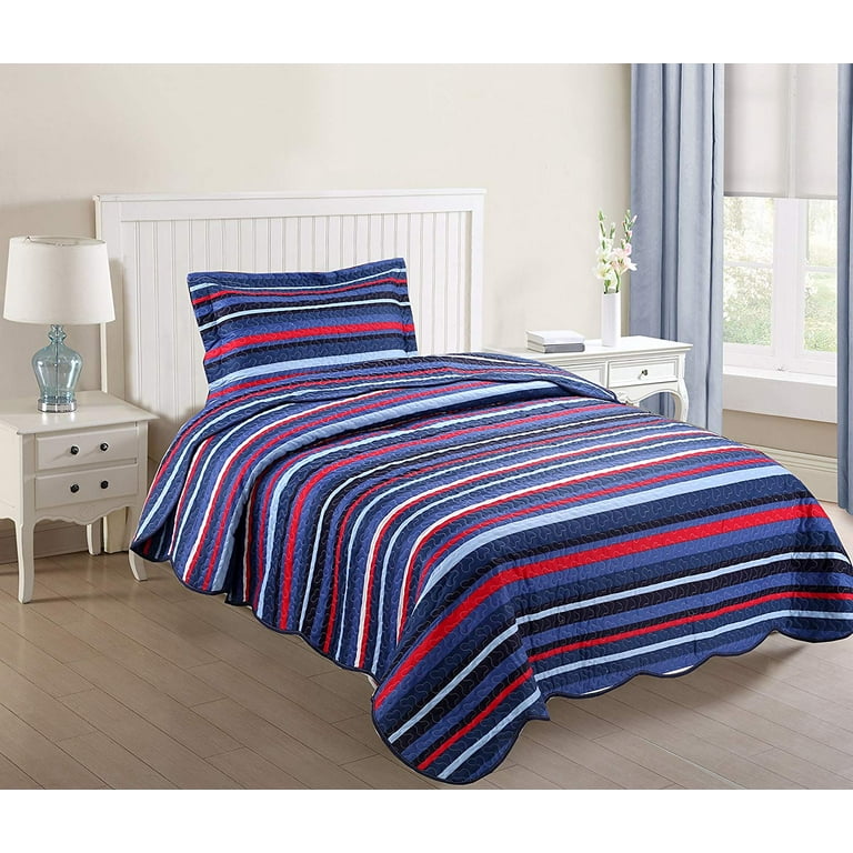 MarCielo Kids Bedspread Quilt Set, Twin Size, Blue Striped Bedding