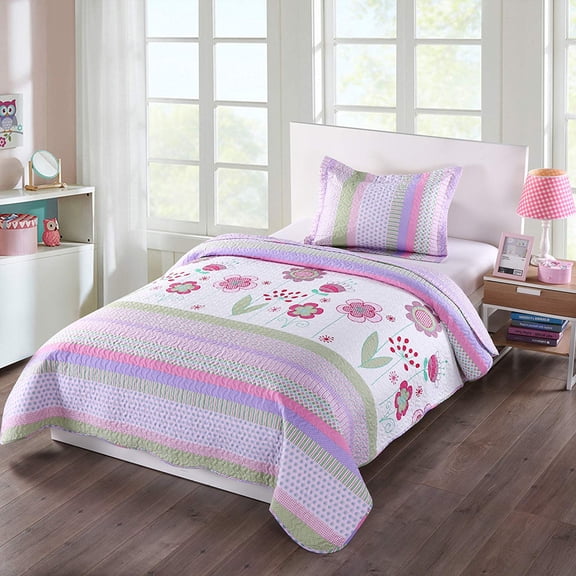 MarCielo 2 Piece Kids Bedspread Quilts Set Throw Blanket for Teens Girls Bed Printed Bedding Coverlet, Twin Size, Purple Floral Striped (Twin)
