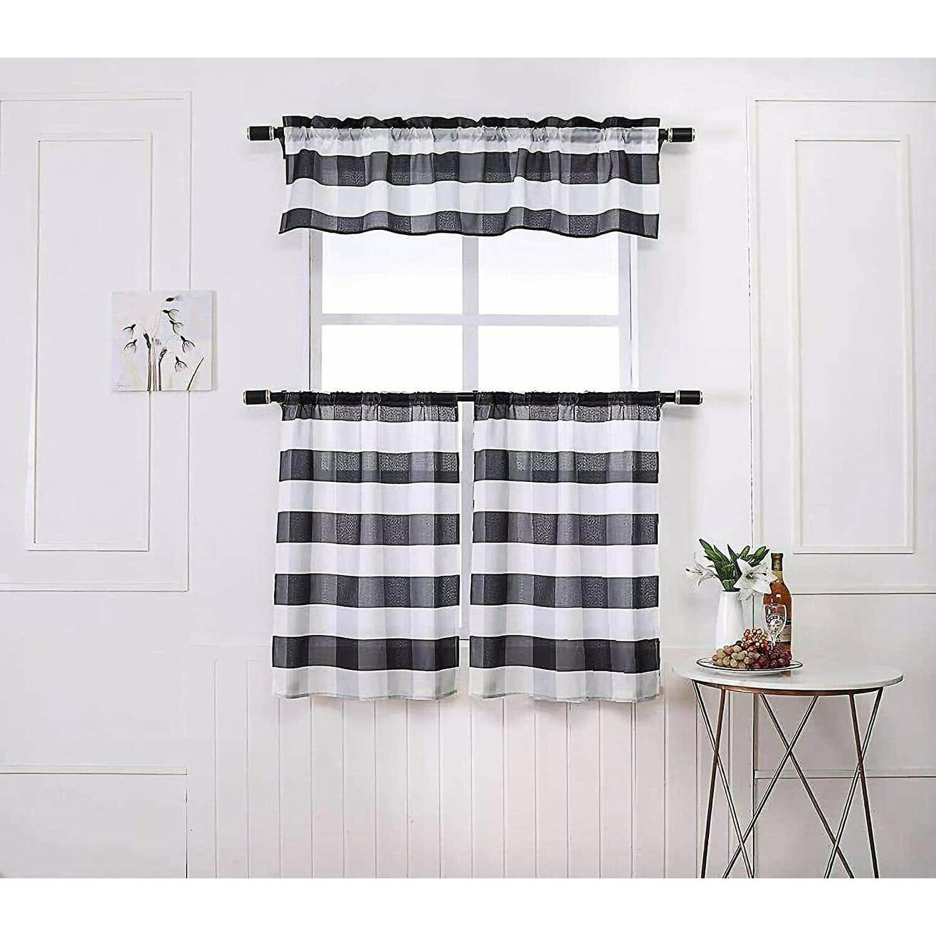 White and Black Buffalo Check Polyester Kitchen Curtain Set