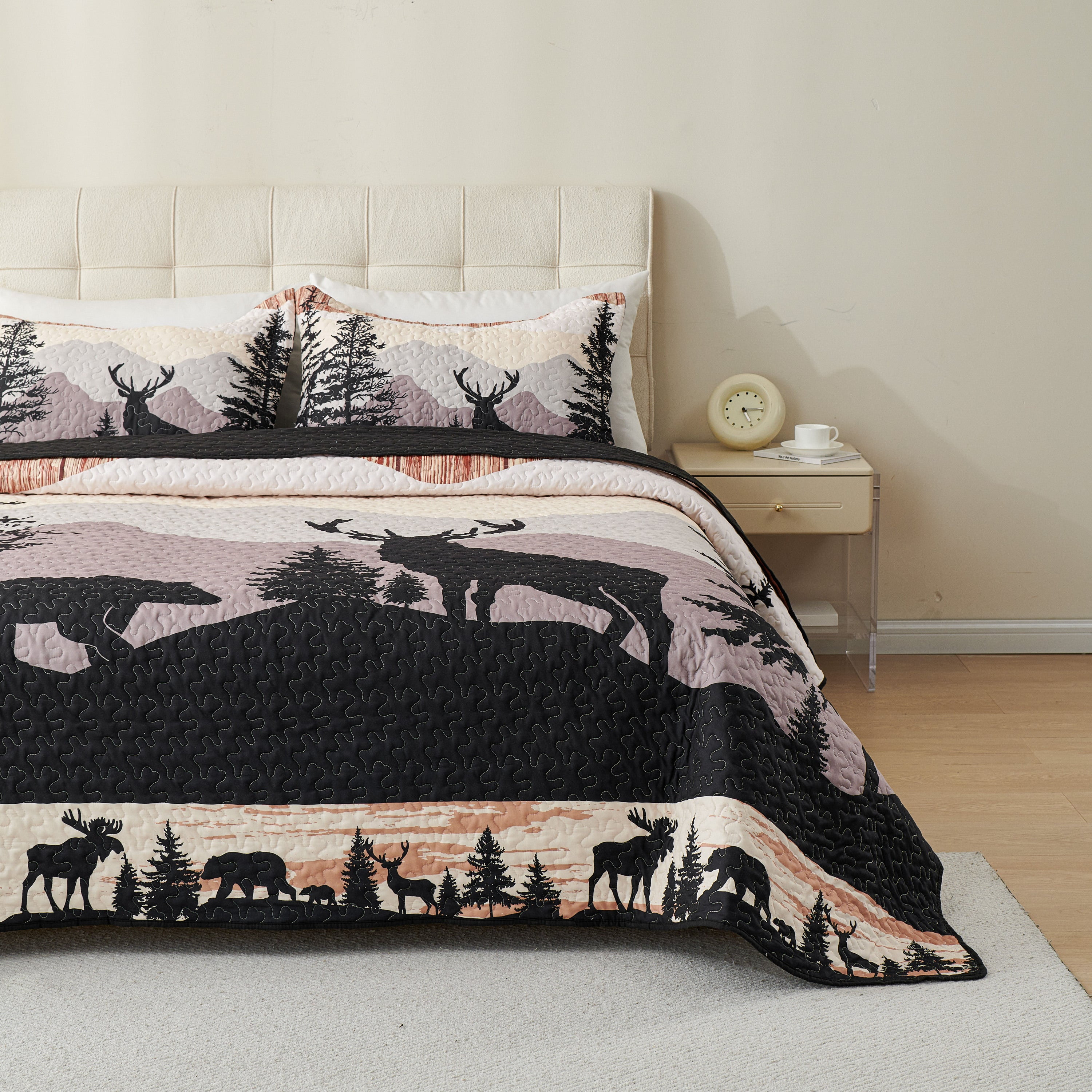 Black and Beige Reversible Queen Quilt Set with Animal Print