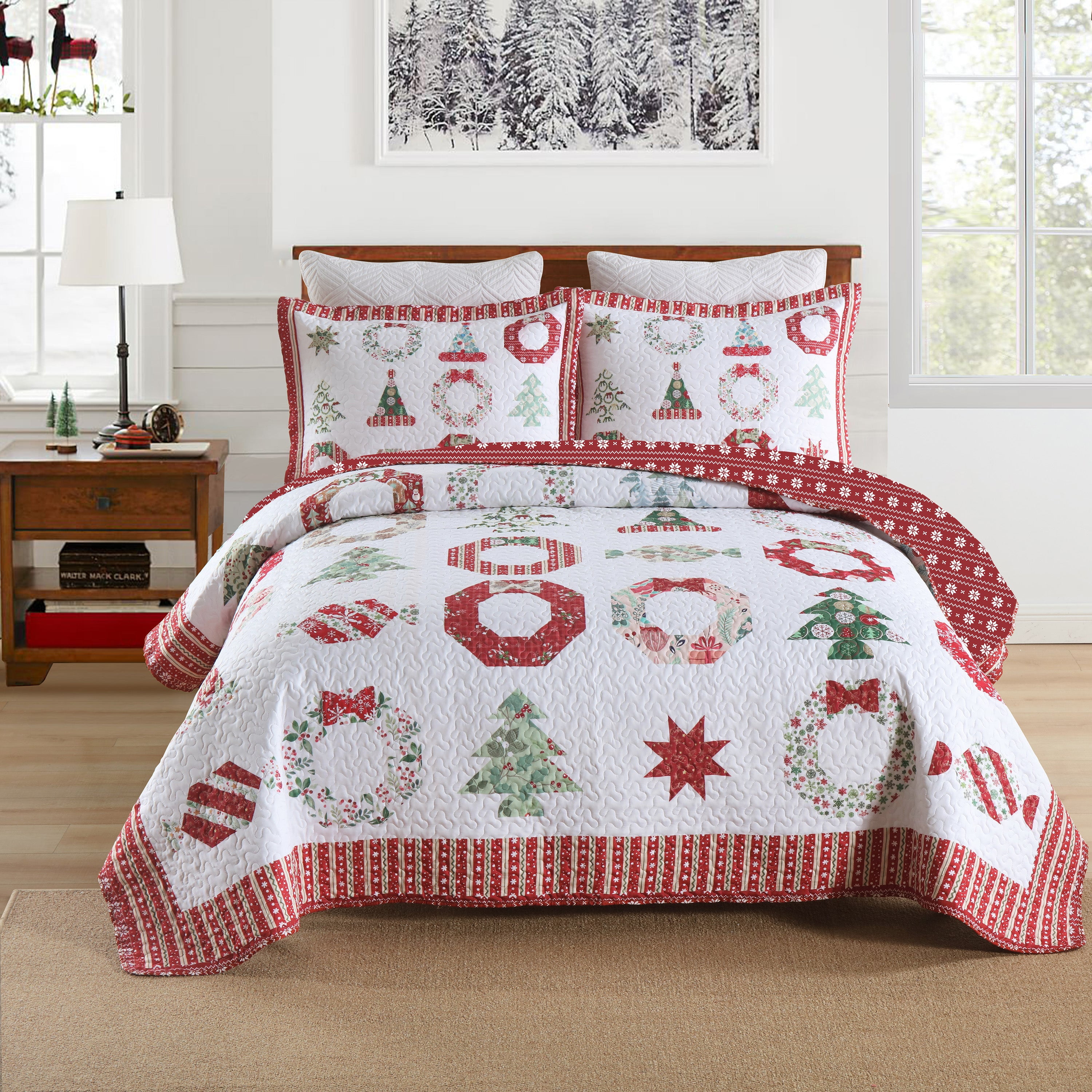 King Red and White Reversible Christmas Quilt Set