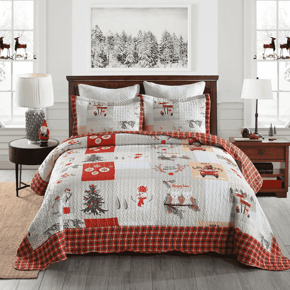 MarCielo 3 Pcs Christmas Quilt Set Bedspread Set - Snowman Christmas Tree Owl Car Bedding - King Size