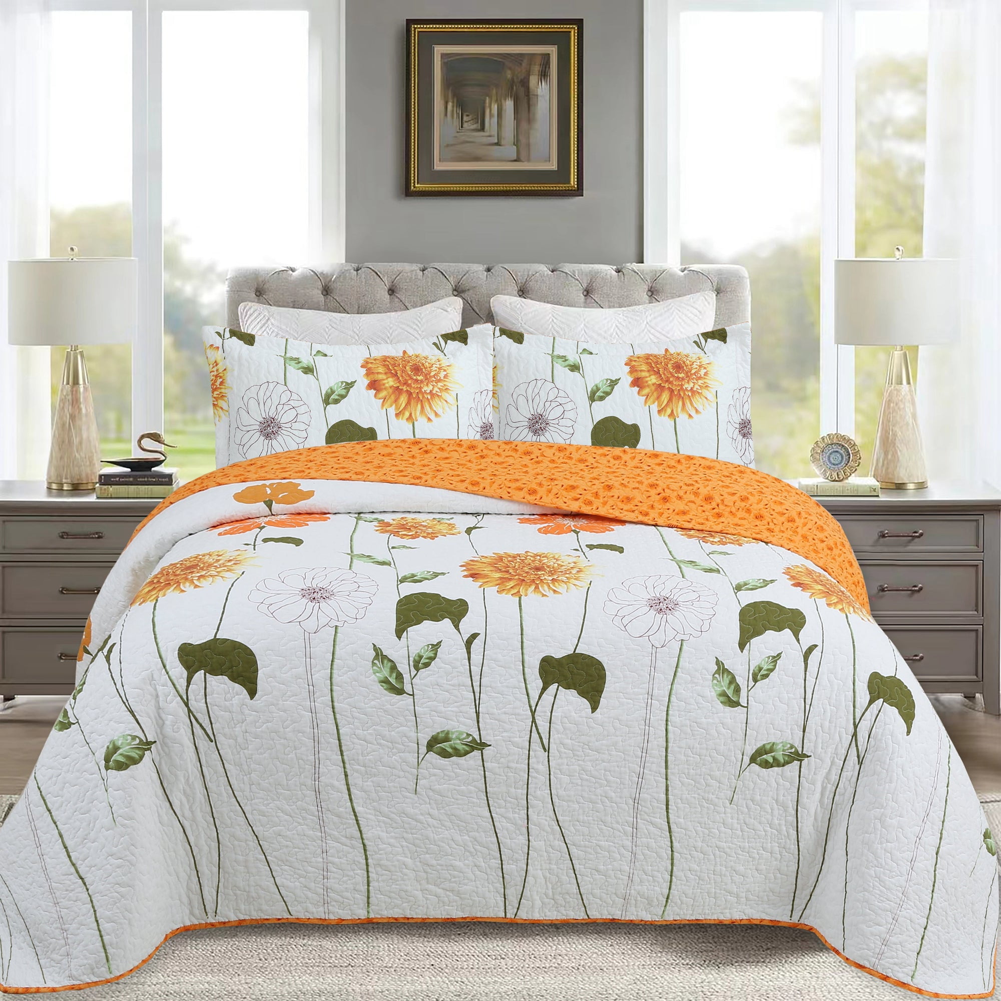 Queen Size Reversible Cotton Floral Quilt Bedspread Set